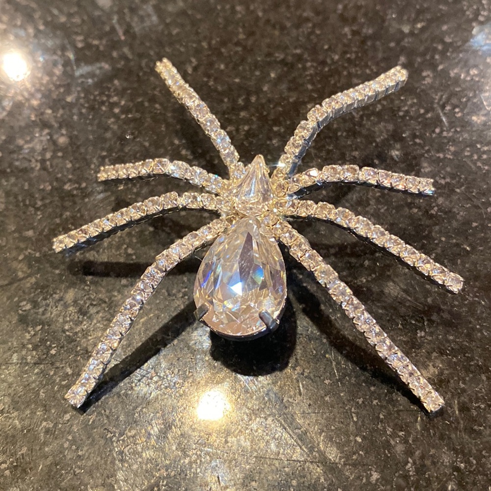 Rhinestone silver spider brooch